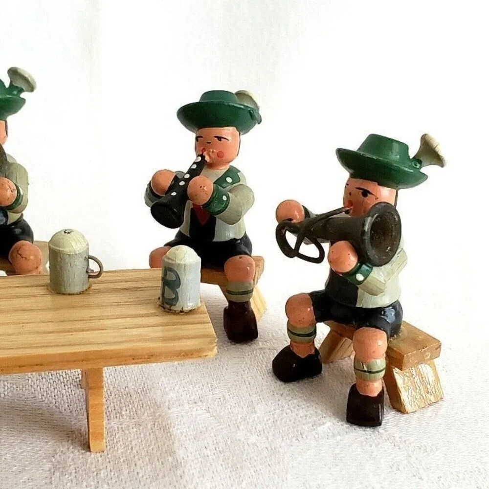 Octoberfest Hand Carved Figurines Set of 6 w/Miniature Table and Beers